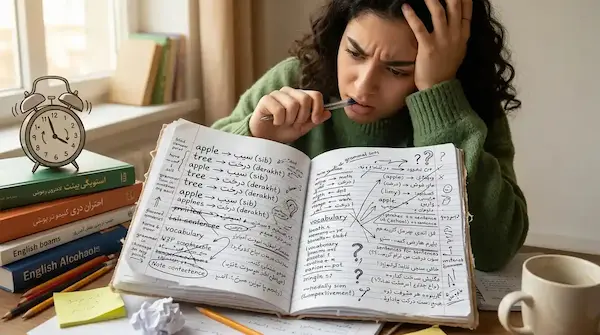 دانشجوی گیج با یادداشت‌های شلوغ زبان انگلیسی