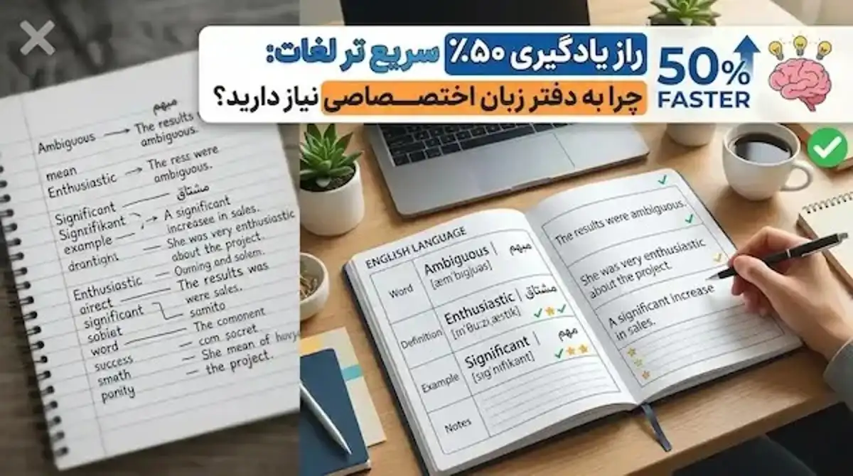 دفتر زبان اختصاصی با جدول‌بندی استاندارد لغات، معنی و مثال برای یادگیری سریع‌تر واژگان